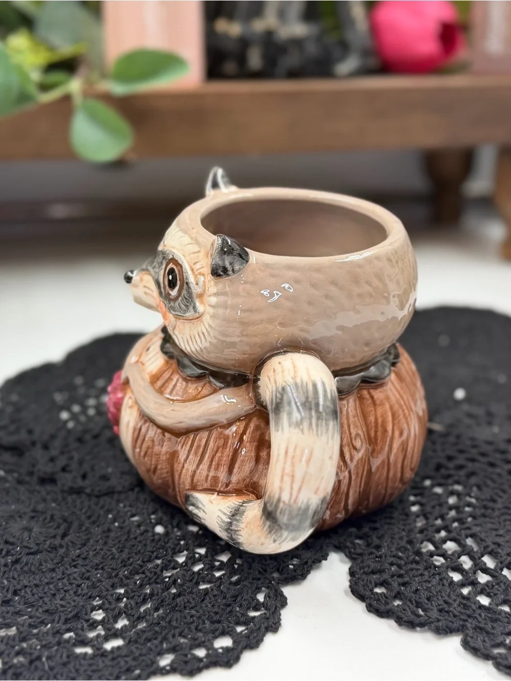 Brown and Pink Ceramic Raccoon Planter by